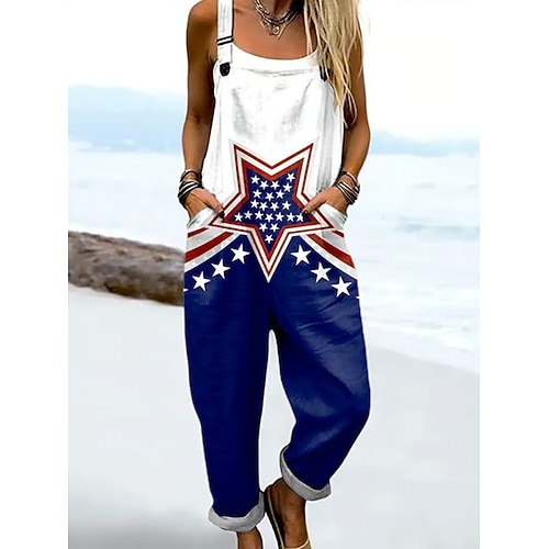 Unabhängigkeitstag Frauen 100% Baumwolle Latzhosen Aktive Grafik Ärmelos Ärmellos Gerader Quadrat-Ausschnitt mit Tasche Täglicher Strand Lockerer Schnitt Weiß Rot Königsblau Sommer Image