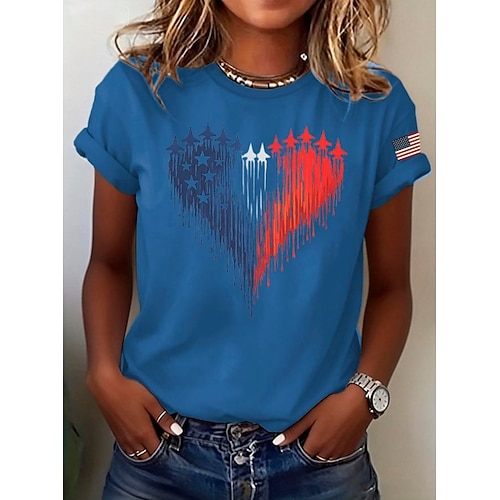 Amerikanischer Unabhängigkeitstag Damen T Shirt Druck Grafik Flagge Buchstabe Vintage Stilvoll Klassisch Kurzarm Rundhalsausschnitt Lange Oberteile Täglich Blau Schwarz Weiß Rote Sommer Frühling Image