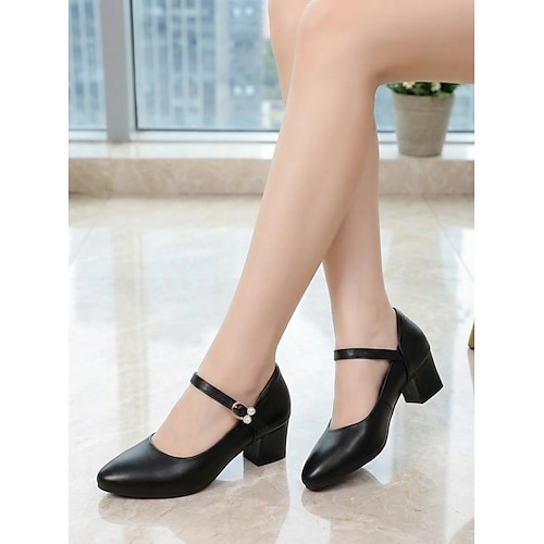 Klassische beige Mary-Jane-Schuhe für Damen – elegante Pumps mit runder Spitze und mittelhohem Blockabsatz Strassschnallenarmband für Büroarbeit, professionelles Alltagsoutfit formelle Image