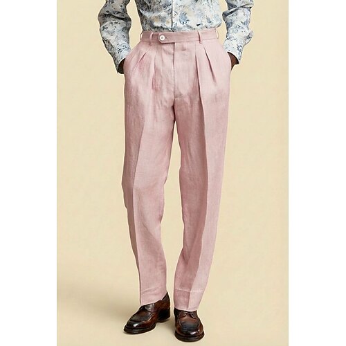 Herren Baumwolle Leinen Anzughose Freizeithose Lässig Formell Neutral Mode Klassisch Weiß Rosa Dunkelmarine Frühling Sommer Hosen Einfarbig Normale Passform Lang Mikroelastisch Image