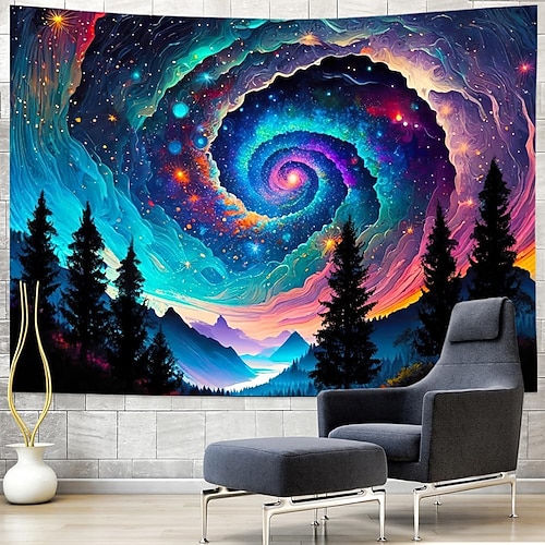 Abstrakter Wandteppich mit Galaxienspirale, Nebel, Kiefernwald, Berglandschaft, farbenfrohem Sternenhimmel, psychedelischem Wirbelmuster, Wanddekoration für Wohnzimmer, Schlafzimmer oder Image