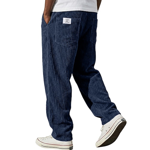 Herren Hose Cordhose Winterhose Freizeithose Baggy-Hosen Kordelzug Gerader Schnitt Einfarbig Komfort Volle Länge Lässig Täglich Outdoor Mode Klassicher Stil Schwarz Armeegrün Unelastisch Image