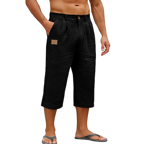 Herren Leinenhosen Hose Caprihose Sommerhose Baggy-Hosen Tasche Elastischer Bund Einfach Komfort Atmungsaktiv Wadenlang Täglich Outdoor Strand Mode Klassicher Stil Blau Cachi scuro Unelastisch Image
