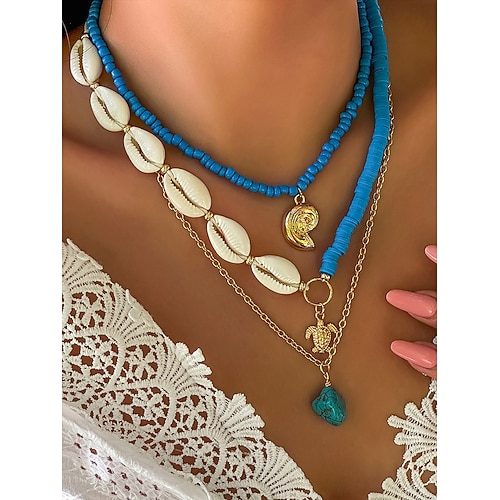 Damen-Halskettenset im Boho-Stil mit Muscheln und Perlen – türkisfarbener Anhänger im Strandstil und goldene Charms für Sommerferien und Festivals Image