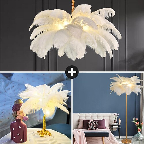 LED-Pendelleuchte, Kronleuchter, wunderschön, extra groß, weiße Straußenfeder-Serie, Blumenstrauß-Pendelleuchte, romantische Hängeleuchte für Restaurant, Schlafzimmer, verstellbare Kette Image