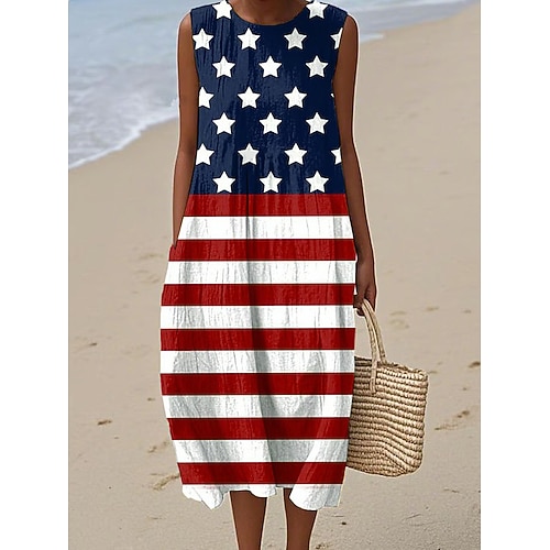 Amerikanischer Unabhängigkeitstag Damen Midikleid Shiftkleid Sommerkleid Urlaub Party Lässig Täglich Normale Passform Lässiger Schnitt Flagge Ärmellos Rundhalsausschnitt Blau Weiß Elfenbein Dunkelrot Image
