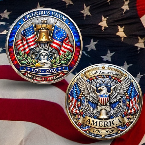 Gedenkmünze zum 250. Jahrestag der Unabhängigkeit der USA mit Motiven der Freiheitsglocke, der Freiheitsstatue und des Adlers – ein patriotisches Sammlerstück. Image