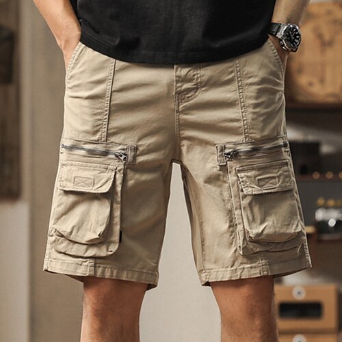 Herren Cargohose Cargohosen Cargo-Shorts Shorts Freizeitshorts Tasche Elastischer Bund Einfach Einheitliche Farbe Knielang Lässig Outdoor Streetwear Mode Streetwear Schwarz Khaki Unelastisch Image