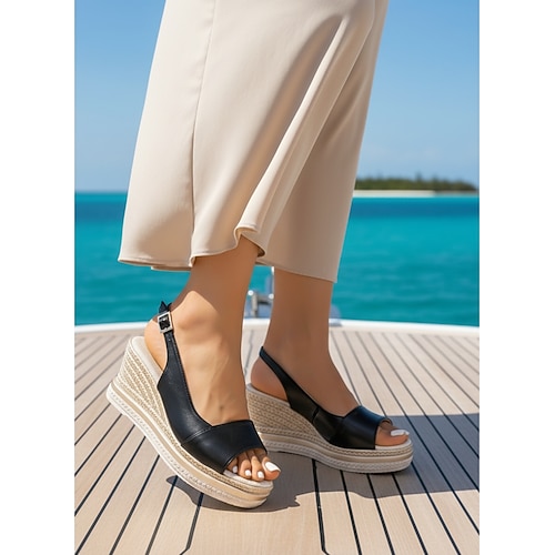 Schwarze Espadrille-Keilsandalen für Damen – elegante Slingback-Plateausandalen mit offener Zehenpartie Schnallenarmband für Kreuzfahrten, Reisen in die Tropen Sommerabendkleidung Image