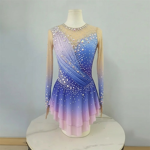 Eiskunstlaufkleid Damen Eislaufen Kleid Blau Patchwork Offener Rücken Dehnbar Training Wettbewerb Eiskunstlaufkleidung Klassisch Kristall / Strass Langarm Eislaufen Eiskundstlauf Image