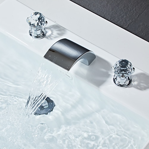 weit verbreiteter Waschbecken-Mischbatterie-Wasserfall-Auslauf, Messing-3-Loch-2-Kristallgriff-Beckenhahn-Deck montiert, Waschraum-Becken-Wasserhahn mit heißem und kaltem Schlauch Image