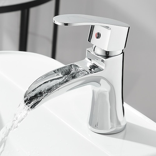 Wasserfall-Waschbecken-Mischbatterie, Mono-Waschbecken Einhand-Wasserhähne Waschraum mit Warm- und Kaltschlauch Monoblock-Wasserhahn aus Messing an Deck montiert Image