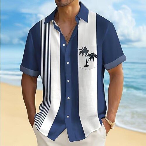 Herren Kokospalme Gestreift Tropische Pflanzen Sommer Hawaiihemd Knopfhemd Alohahemd Kurzarm Hawaiianisch Urlaub Sommer Frühling Umlegekragen 3D-Druck Hemden mit Kragen Eine Tasche vorne Blau Rote Image