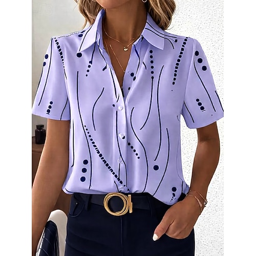 Frauenbluse Langarm Button-Down Bluse Grafisch Geometrisch Alltag Lässig Kurzarm Hemd Kragen Reguläre Oberteile Alltag Weiß Sommer Frühling Image