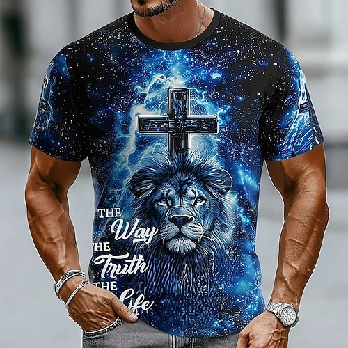 Herren Bibel Löwen Kreuz Christian T-Shirt Kurzarm T-Shirt 3D Druck Rundhalsausschnitt Shirt Religiös Casual Daily Party Blau Rot Grün Sommer Frühling Kleidung Apparel Image