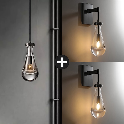 LED-Pendelleuchte, 2 Stück Wandleuchten, Gold-Schwarz, massives Messing, Glas, Regentropfen-Serie für Wohnzimmer, Küche, Flur, Wandleuchte, Innenwandleuchten Image