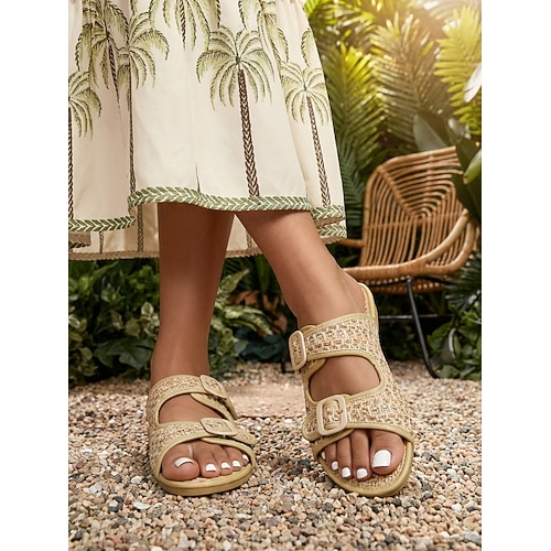 Grüne, gewebte Damen-Sandalen – flache, tropische Sandalen mit Doppelschnalle für Kreuzfahrten und Inselurlaube Strandresortkleidung Image