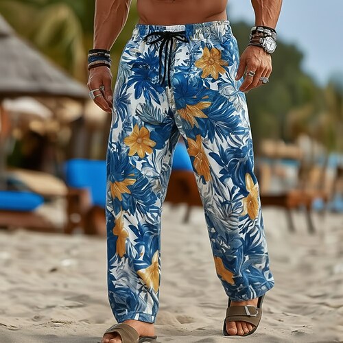 Herren Blumendruck Tropische Blumen Palmblatt Hose Baggy-Hosen Freizeithose Mittlere Taille Hawaiianisch Outdoor Urlaub Strandbekleidung Elastischer Kordelzug in der Taille Leinenähnliche Hose mit Image