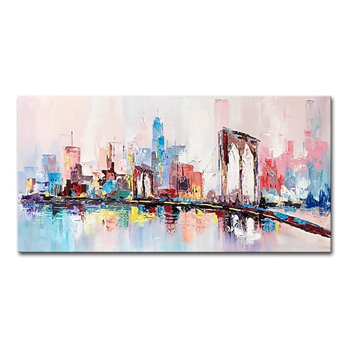 Mintura handgefertigte farbenfrohe Stadtlandschafts-Ölgemälde auf Leinwand, Wandkunst, Dekoration, moderne abstrakte Bilder für Wohnkultur, gerolltes, rahmenloses, ungedehntes Gemälde Image
