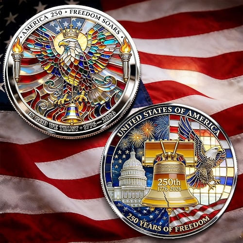 Gedenkmünze zum 250. Jahrestag der USA mit Adler- und Freiheitsglockenmotiven in Buntglasoptik – patriotisches Erinnerungsstück Image