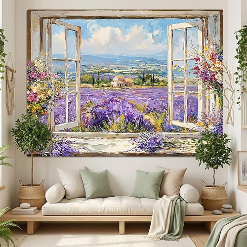 3D-Wandteppich mit Zen-Garten-Fensterblick, Kirschblüten, Sakura-Teich, Felsen, Shoji-Schirm, Teeservice, Wohnzimmer-, Schlafzimmer- und Bürodekoration Image