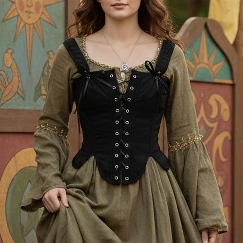 Mittelalterlich Renaissance Cottagecore Korsett Mieder Wikinger Bauer Schnürung Kostüm Damen Keltisch Fantasie Halloween Karneval Leistung LARP Renaissance-Messe Erwachsene Korsett Image
