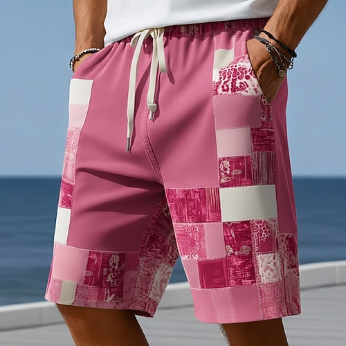 Herren Farbblock Patchwork Karo / Karomuster Badehosen Badeshorts Boardshorts Mittlere Taille Modisch lässig Outdoor Urlaub Alltagskleidung Seitentaschen Netzfutter Elastischer Kordelzug in der Taille Image