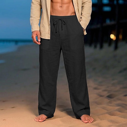 Herren Leinenhosen Sommerhose Baggy-Hosen Strandhose Kordelzug Elastischer Bund Gerader Schnitt Einfach Komfort Atmungsaktiv Knielang Lässig Täglich Ferien Urlaub Mode Blau Schwarz Unelastisch Image