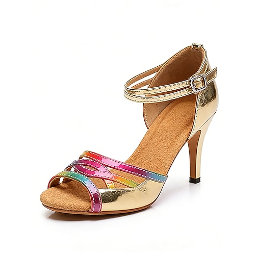 Lateinamerikanische Tanzschuhe für Damen – goldene Mehrriemen-Ballsaalschuhe Salsa-Heels Image
