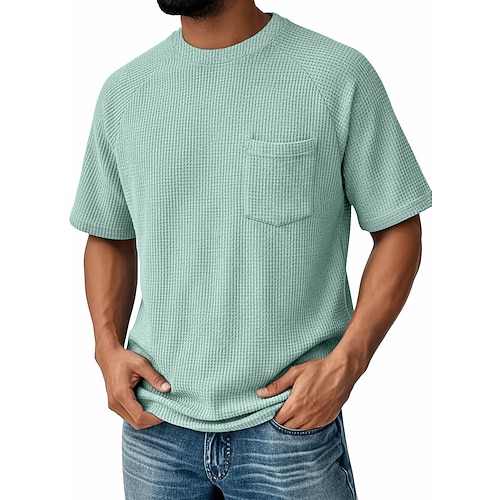 Herren Waffel T-Shirt T-Shirt Kurzarm Rundhalsausschnitt Sommer Frühling Ganzjahres Einfarbig Mode Designer Lässig Tasche Raglanärmel Lässig Täglich Outdoor Hellblau Schwarz Weiß Top T-Shirt für Image
