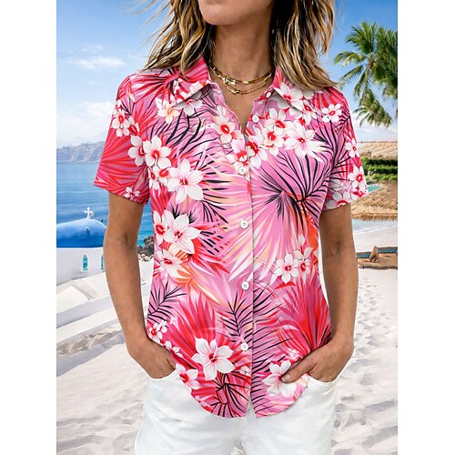 Damen Hemd Blumen Grafik Vintage Tropisch Stilvoll Kurzarm Hemdkragen Normale Oberteile Täglich Blau Gelb Rosa Sommer Frühling Image