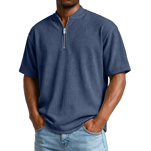 Herren Cordhemd Poloshirts Lässig Geschäft Reißverschluss Kurzarm Mode Basic Einfarbig Texture Knöpfe Sommer Frühling Blau Schwarz Weiß Marineblau Braun Grün Cordhemd Image