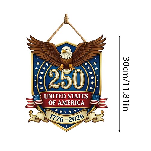 Holzschild zum 250. Jahrestag der Vereinigten Staaten, patriotischer Türhänger zum Unabhängigkeitstag, Wandplakette mit amerikanischer Flagge im Landhausstil, Dekoration für die Veranda zum Gedenktag Image