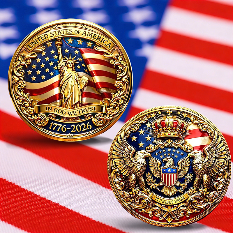 U.S 250th Anniversary Commemorative Coin Patriotic Metal Coins American Flag Liberty Bell Design Collectible Coins, Durable Anniversary Coins for Display, Collectors Semiquincentennial