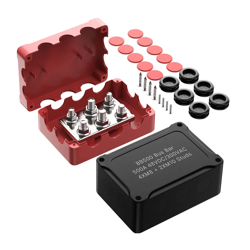 500 A Marine-Sammelschiene, 48 V, Kfz-Stromverteilerblock, großer Strom, 6 Bolzen mit rot-schwarzer Kunststoffabdeckung für Wohnmobil, Auto, Boot Image