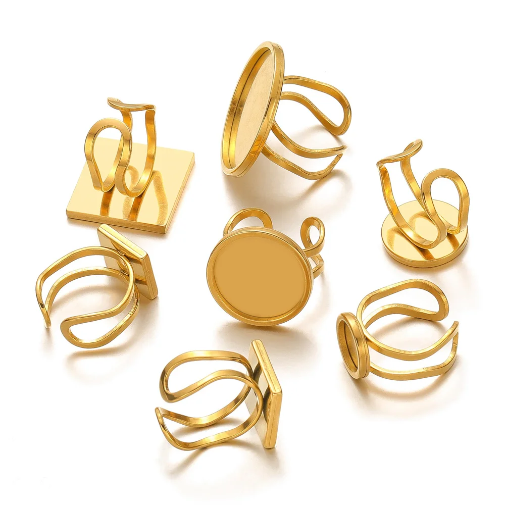 4 Stück goldfarbene Edelstahl-offene Ringfassungen, flache, leere Basis, große runde, quadratische Harz-Cabochons, Tablett, Ring, Lünette, Schmuckherstellung Image