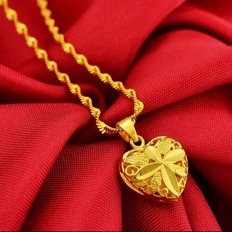 Authentische Liebe Herzförmige 24k Gold Farbe Anhänger Halskette Dame Elegante Gold Schmuck Halskette Halskette Geburtstag Geschenk Image