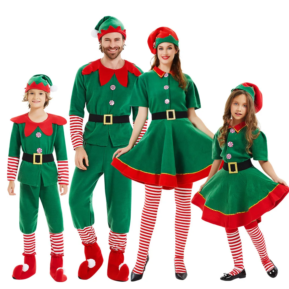 Weihnachtselfenkostüme für Kinder und Erwachsene, Weihnachtsmann-Kostümsets, grüne Elfen, Halloween-Cosplay im Jahr 2026, Image