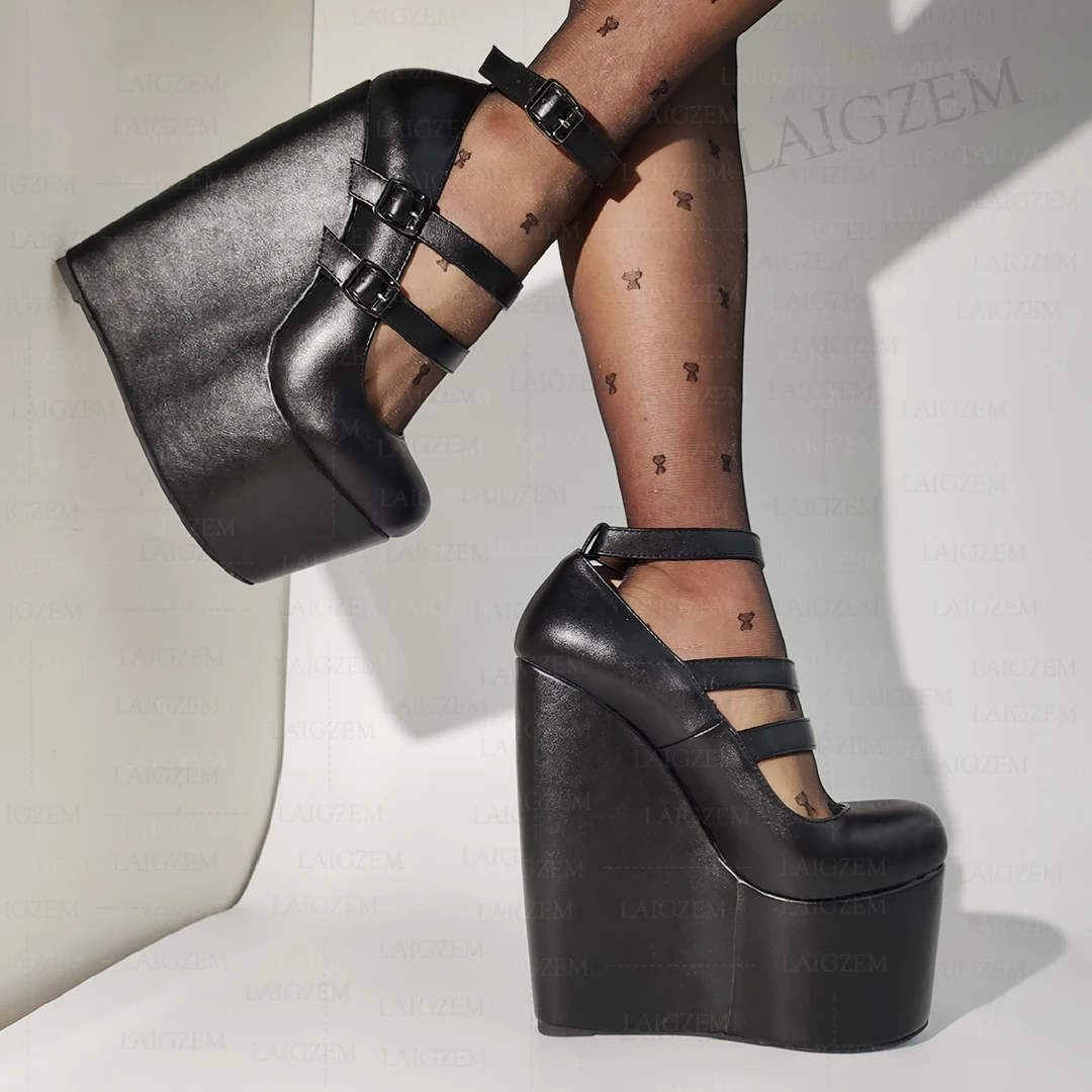 LAIGZEM Frauen Plattform Keile Pumps Schnalle 20 CM Heels Höhe Erhöhen Party Prom Damen Schuhe Frau Große Größe 36 41 45 48