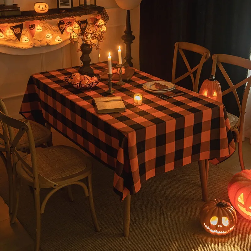 Klassische Halloween-Tischdecke mit Karomuster, Tischdekoration, Urlaubstischdecke, schwarz-orange karierte rechteckige Couchtisch-Tischdecke Image
