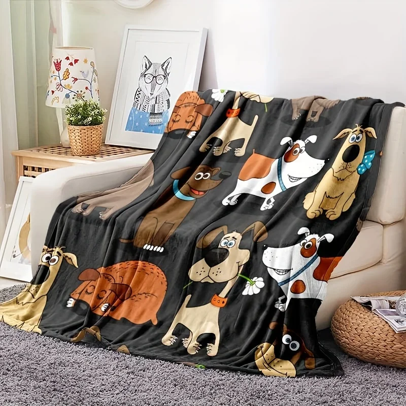 Ganzjahres-Flanell-Überwurfdecke mit niedlichem Cartoon-Hund – weich, warm und bequem, ideal für Sofa oder Bett, mehrfarbige Variante Image