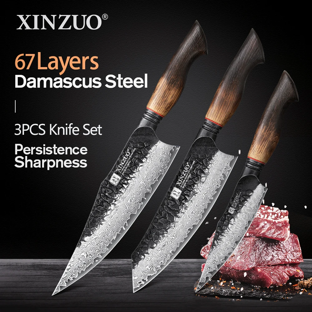 XINZUO 3-teiliges Messerset, 67-lagiges Damascus Marvel, geschmiedet mit Superstahl, bietet ungeräumte Haltbarkeit und Schärfe Image