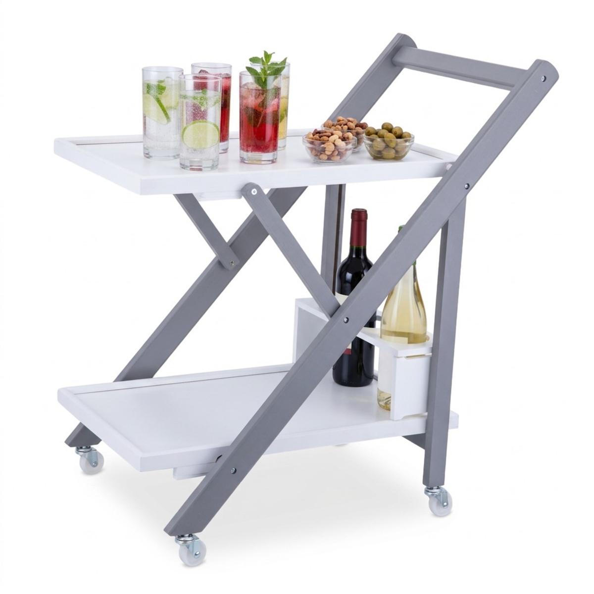 Relaxdays Servierwagen Bambus, Küchenwagen klappbar, Flaschenhalter, Rollwagen 2 Etagen, HBT: 70x44x39,5 cm, weiß-grau Image