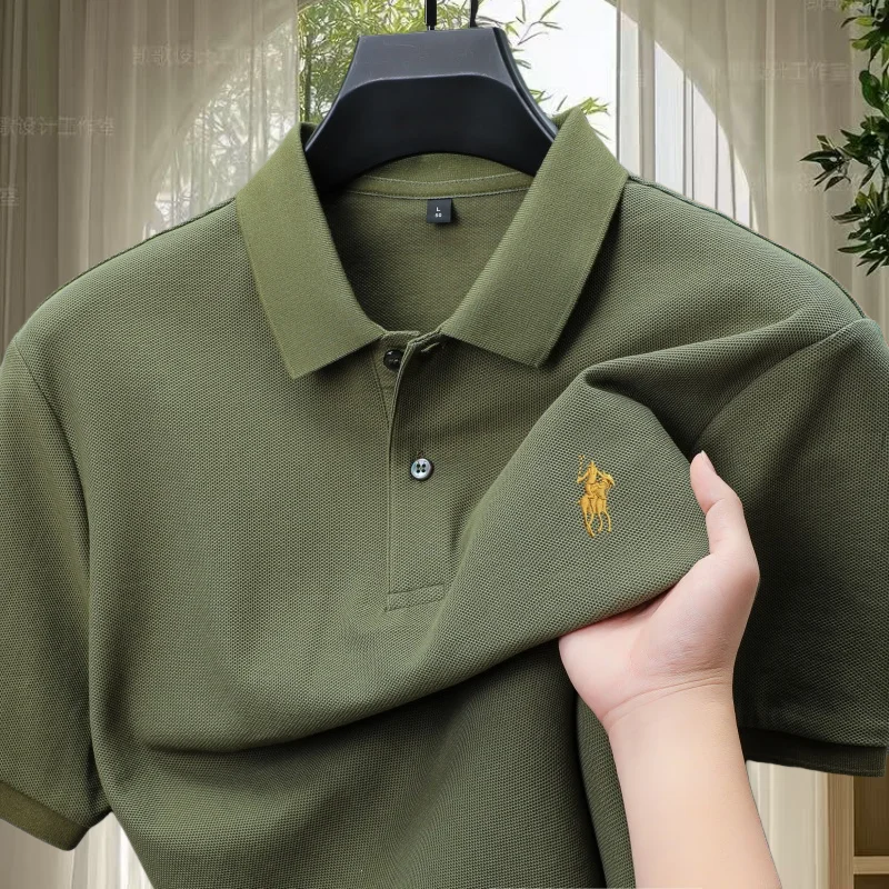 Polo da uomo in cotone 100% puro, di lusso, con ricamo a forma di pony, comoda, a righe, nuova collezione estiva, a maniche corte, raffinata.