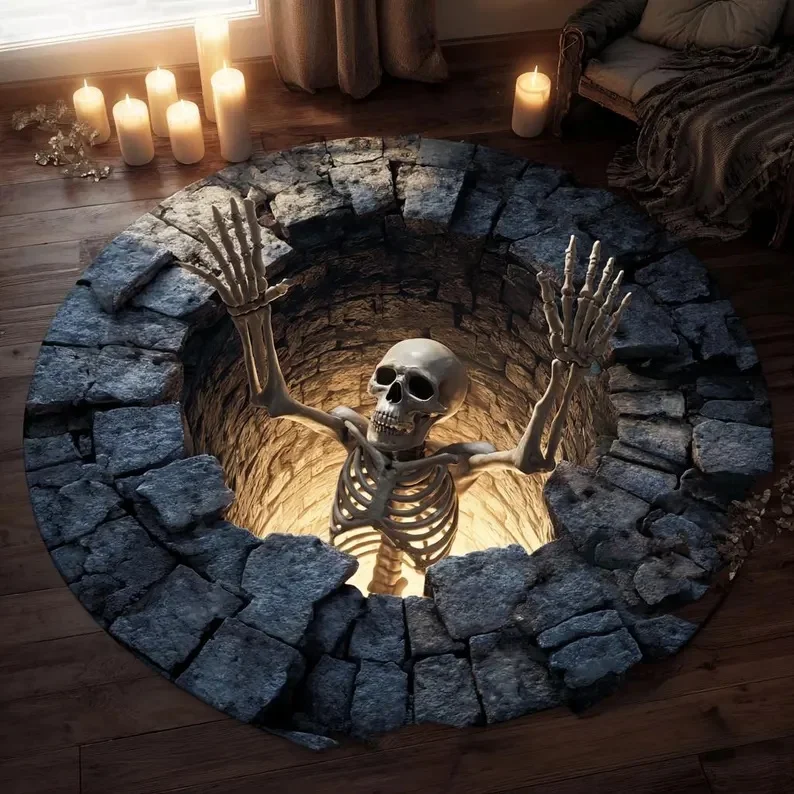Skelett-Illusion, runder Teppich, gruseliger optischer Bodenteppich, lustige Gothic-Heimdekoration, Geschenk für Wohnzimmer, Horror-Fußmatte, Teppich Image