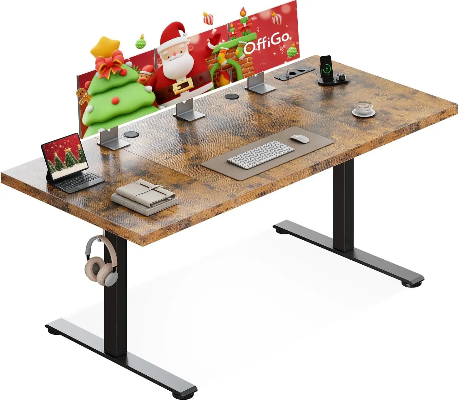 OffiGo Höhenverstellbarer Schreibtisch 180x70 cm, 35MM Tischplatte, Elektrischer Schreibtisch mit Steckdose, Braun Image