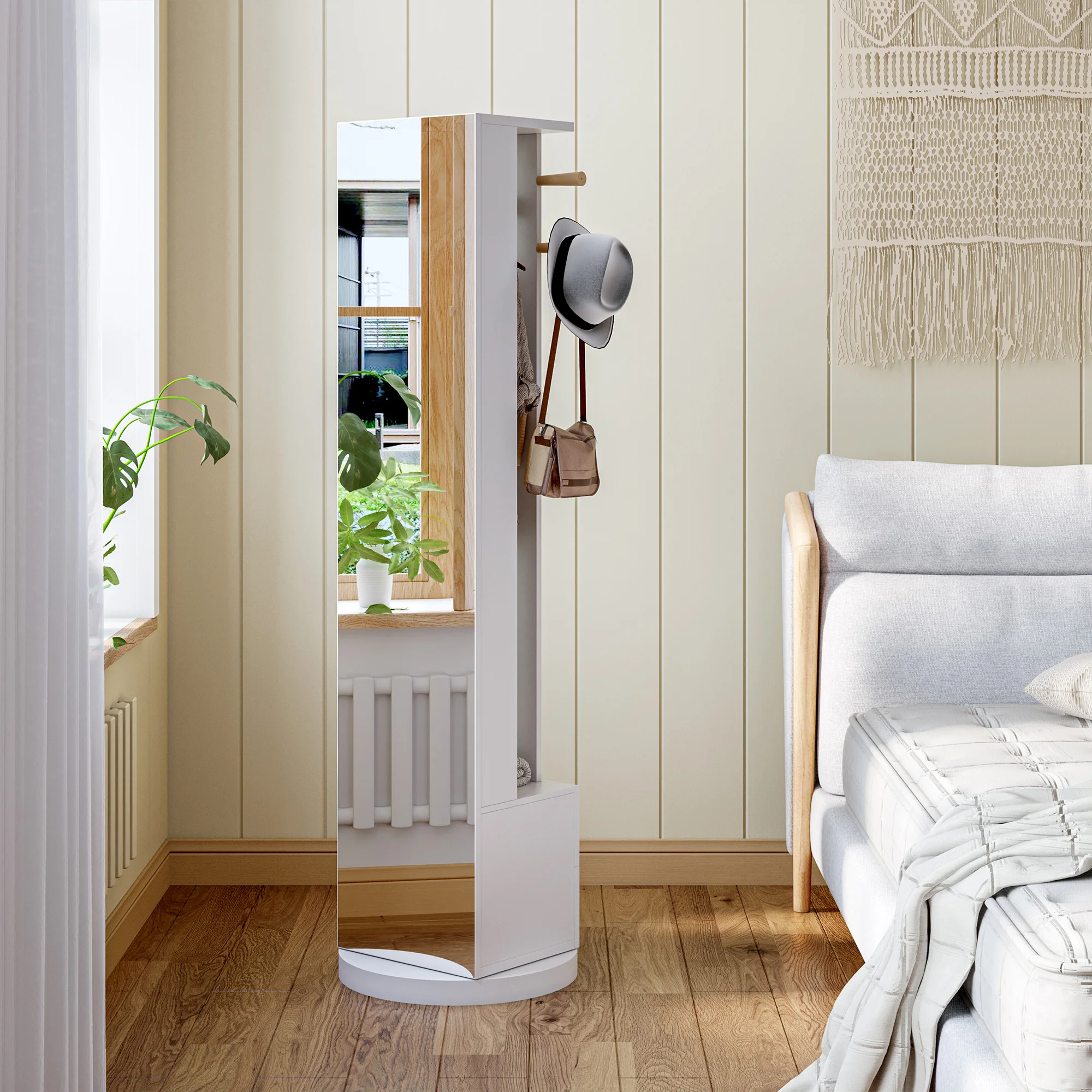 Comanlai 360° Drehbarer Kleiderschrank mit Ganzkörperspiegel Aufbewahrungsschrank 3-in-1 Schrank mit 2 Schubladen und Haken für Schlafzimmer Image