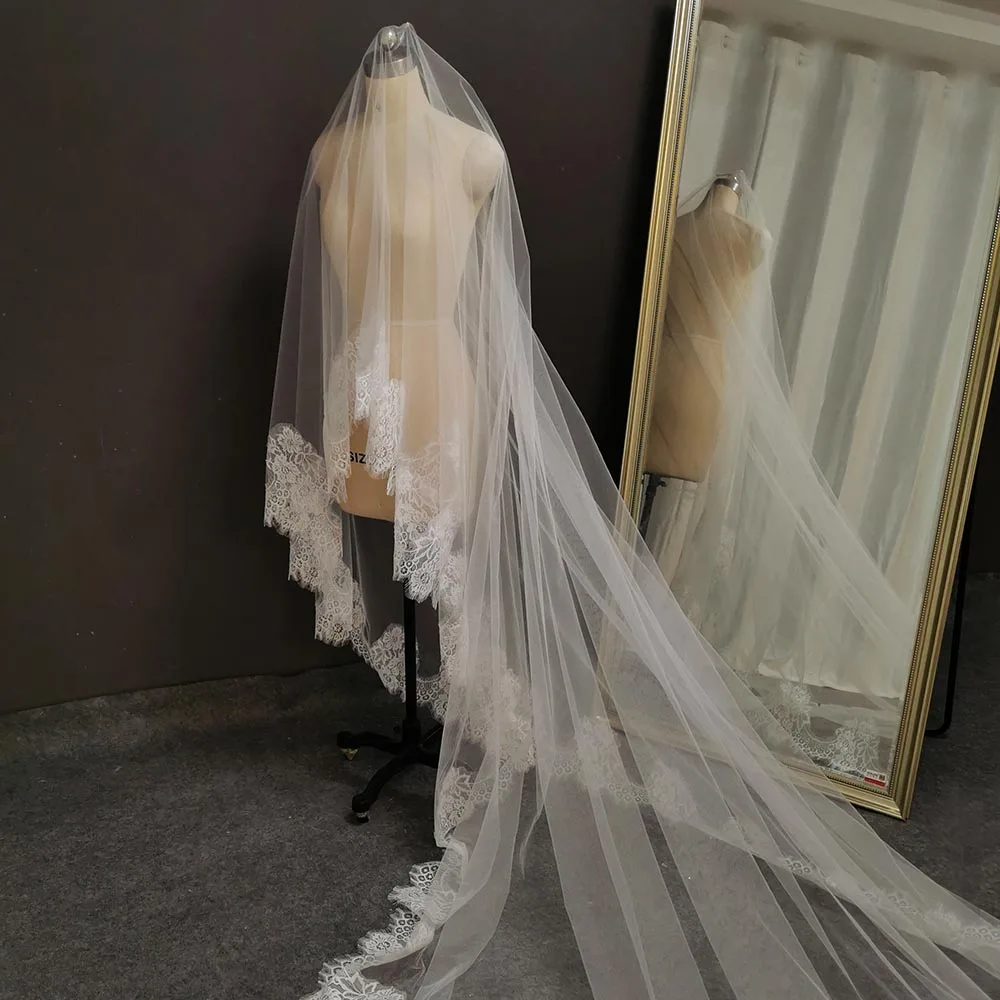 Maßgeschneiderter eleganter Wimpern-Spitzen-Hochzeitsschleier, 3 m/3,5 m/4 m lang, einlagiger Brautschleier OHNE Kamm, romantischer Elfenbeinschleier für die Braut