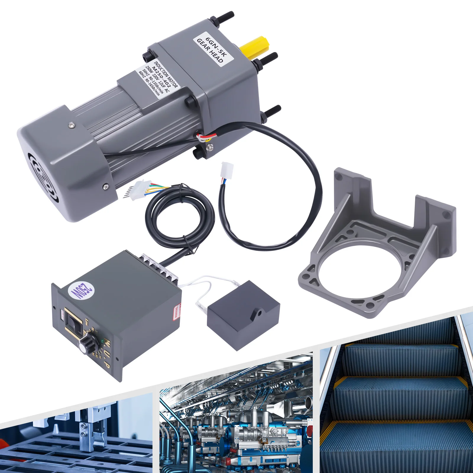 250 W AC-Getriebemotor, 0–270 U/min, elektrischer Einphasenmotor aus Aluminiumlegierung mit Untersetzungsgetriebe/Halterung/Geschwindigkeitsregler Image