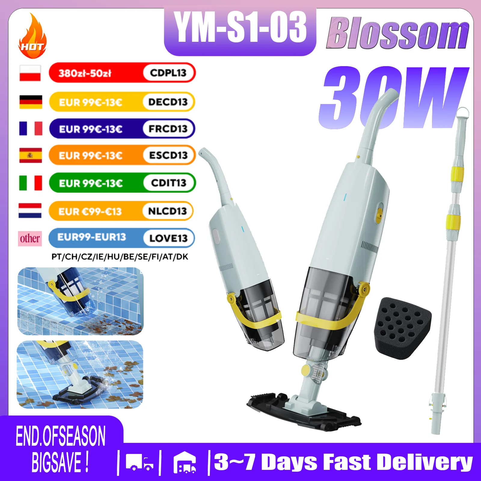 Kabelloser Hand-Poolsauger Blossom YM-S1-03 | IPX8 Wasserdicht, 60Min Laufzeit, 1.3L Filter, Teleskopstange | Für Aufstell- und Einbaupools & Spas Image